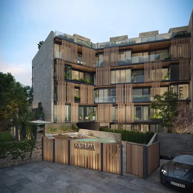 Infografía 3D de fachada de Silgar, promoción residencial en Sanxenxo, Pontevedra (EB Arquitectos)