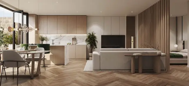 Infografía 3D de salón de la vivienda 1E de Silgar, promoción residencial en Sanxenxo, Pontevedra (EB Arquitectos)