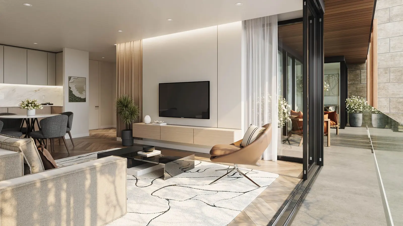 Infografía 3D de salón de la vivienda 3C de Silgar, promoción residencial en Sanxenxo, Pontevedra (EB Arquitectos)
