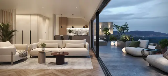 Infografía 3D de salón del ático con terraza, vista nocturna de Silgar, promoción residencial en Sanxenxo, Pontevedra (EB Arquitectos)
