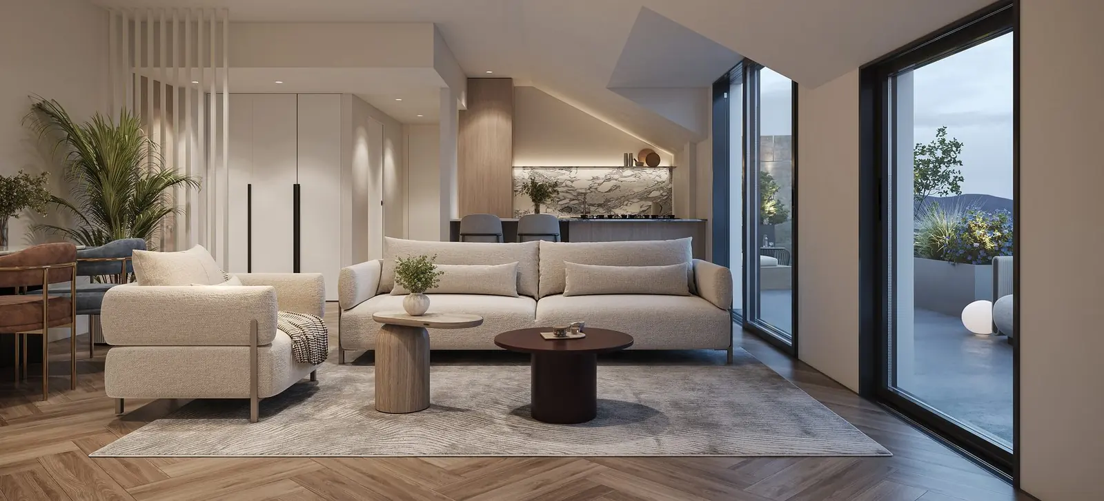 Infografía 3D de salón del ático con terraza al atardecer de Silgar, promoción residencial en Sanxenxo, Pontevedra (EB Arquitectos)