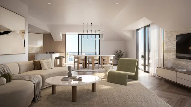 Infografía 3D de salón del ático de Silgar, promoción residencial en Sanxenxo, Pontevedra (EB Arquitectos)