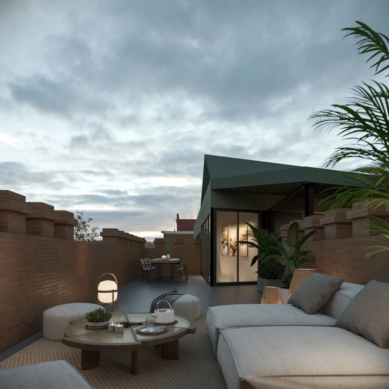 Infografía 3D de azotea al anochecer de Torneo 69, rehabilitación residencial en Sevilla (Curtidores)