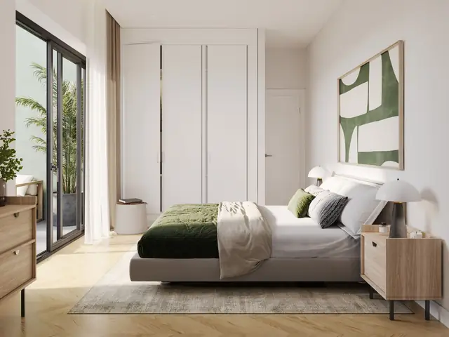 Infografía 3D de dormitorio de Torneo 69, rehabilitación residencial en Sevilla (Curtidores)