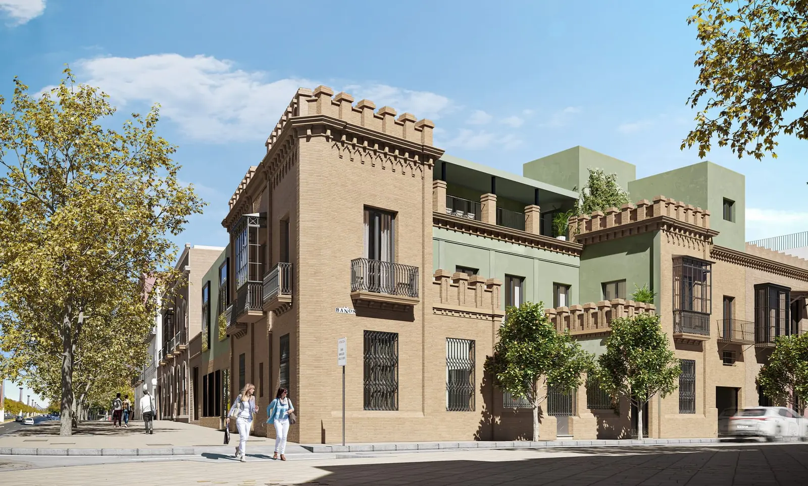 Infografía 3D de fachada a la calle de Torneo 69, rehabilitación residencial en Sevilla (Curtidores)