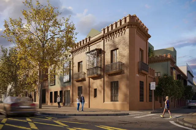 Infografía 3D de fachada en esquina al atardecer de Torneo 69, rehabilitación residencial en Sevilla (Curtidores)