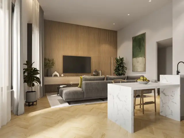 Infografía 3D de salón con cocina en isla de Torneo 69, rehabilitación residencial en Sevilla (Curtidores)