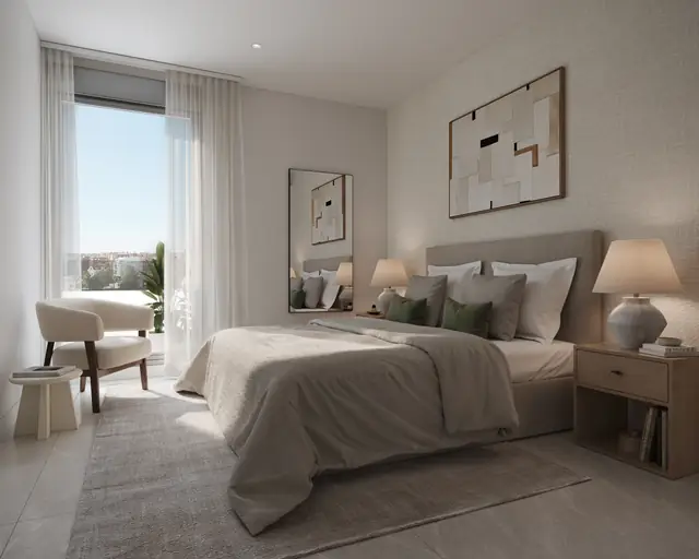 Infografía 3D de dormitorio principal de Torre del Algarve, torre residencial en Portimão, Algarve (Portugal) (Saraiva + Associados)
