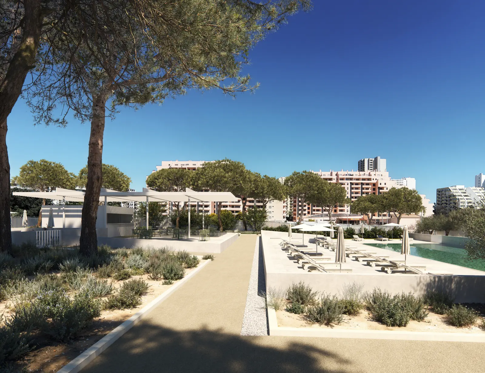 Infografía 3D de jardines con especies mediterráneas y piscina de Torre del Algarve, torre residencial en Portimão, Algarve (Portugal) (Saraiva + Associados)