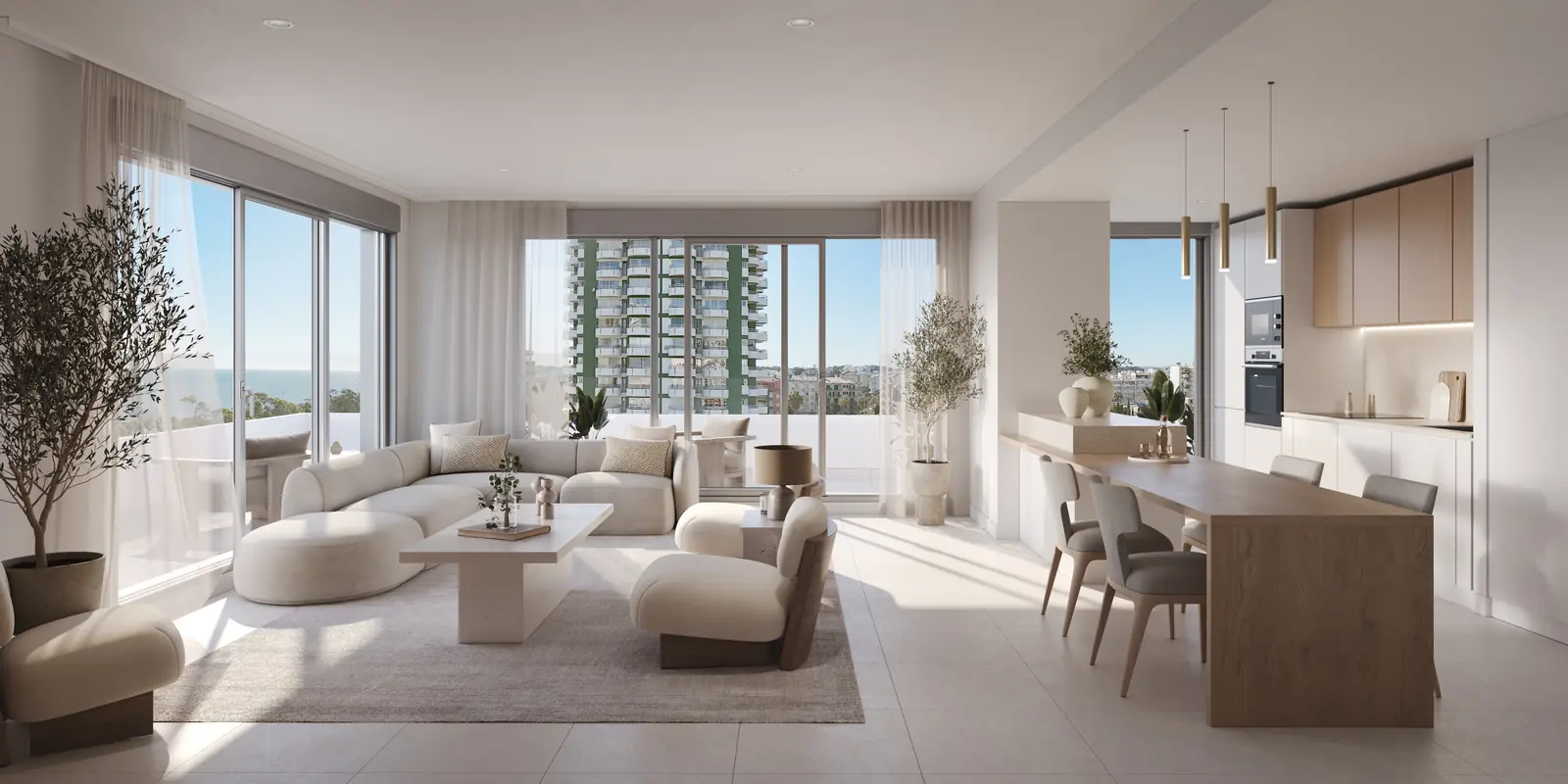 Infografía 3D de salón con cocina abierta de Torre del Algarve, torre residencial en Portimão, Algarve (Portugal) (Saraiva + Associados)