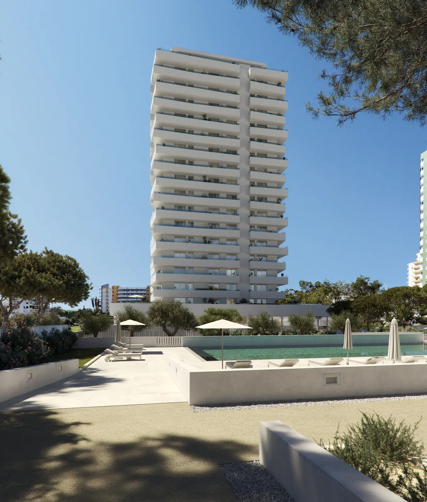 Infografía 3D de torre y piscina comunitaria de día de Torre del Algarve, torre residencial en Portimão, Algarve (Portugal) (Saraiva + Associados)