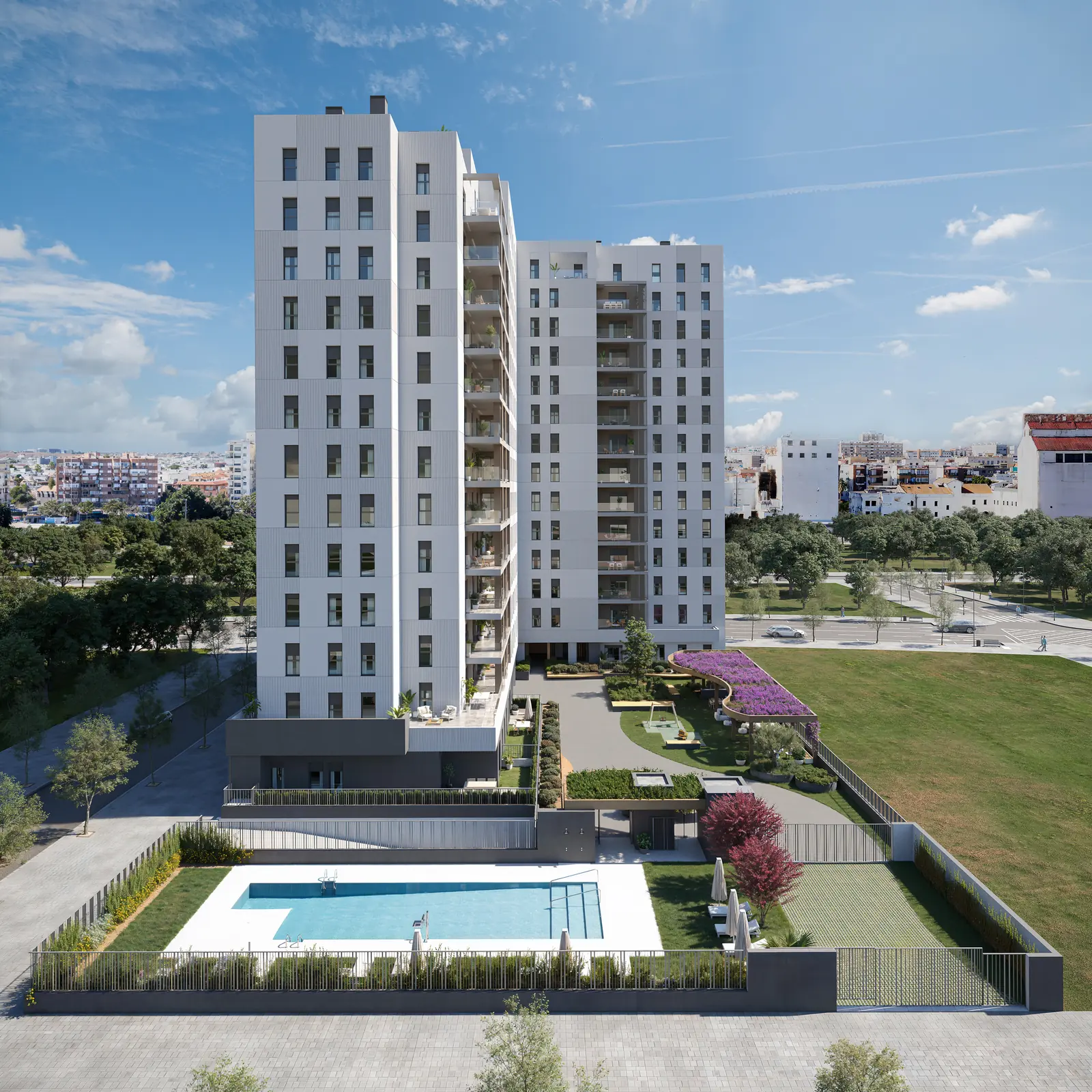 Infografía 3D de vista aérea de las dos torres con piscina y zonas comunes de Torrenova, promoción residencial en el entorno de la Cruzcampo, Sevilla (ele2f)