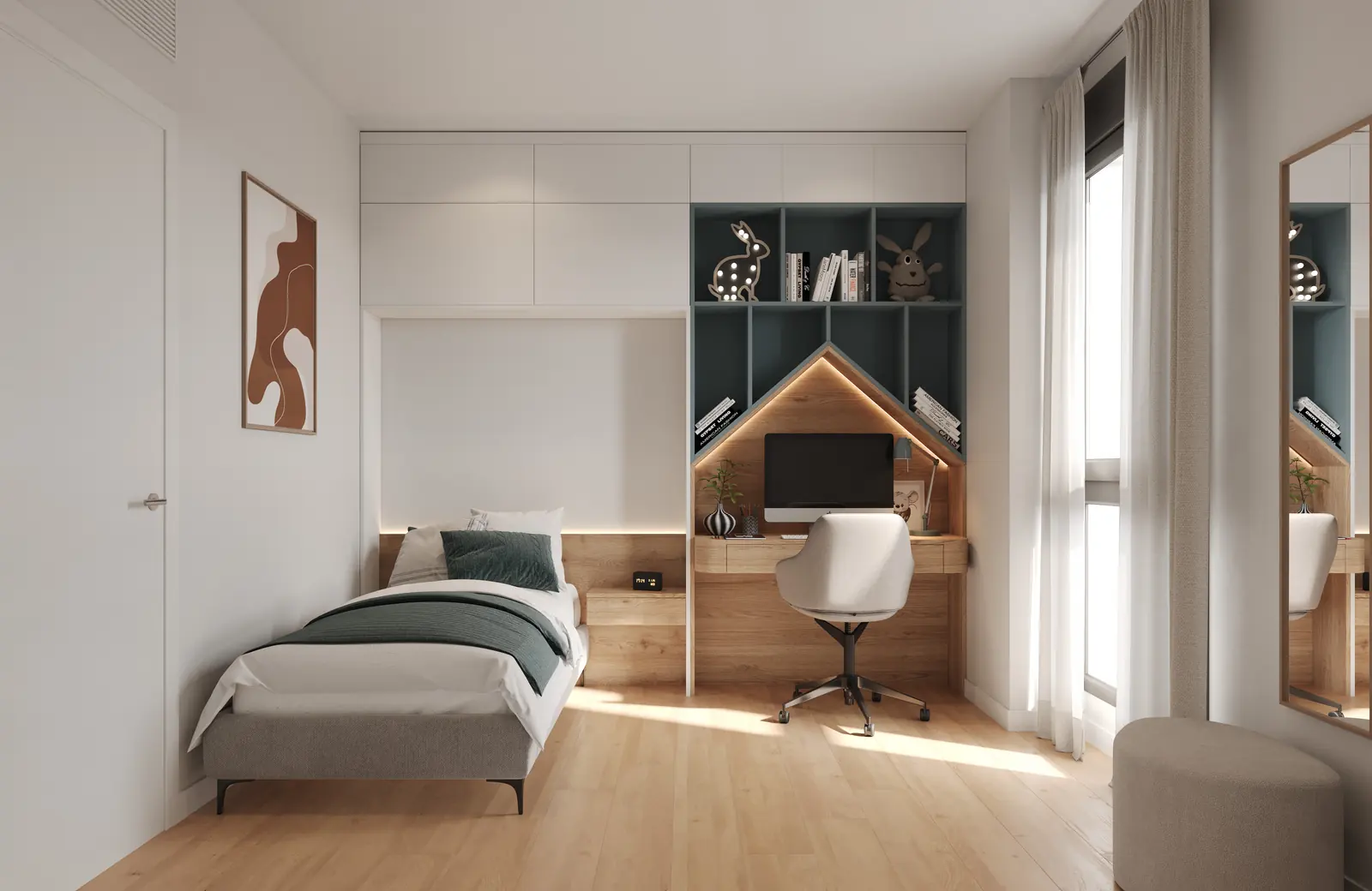 Infografía 3D de dormitorio infantil con zona de estudio de Torrenova, promoción residencial en el entorno de la Cruzcampo, Sevilla (ele2f)