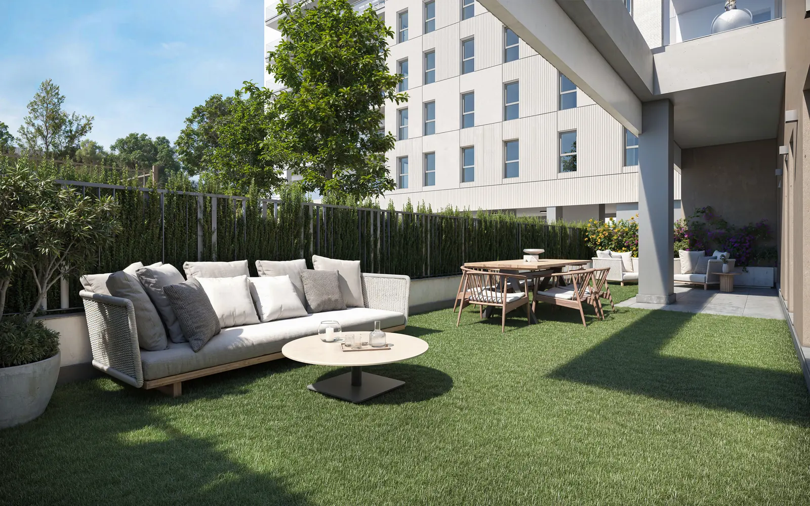 Infografía 3D de jardín privado de una vivienda en planta baja de Torrenova, promoción residencial en el entorno de la Cruzcampo, Sevilla (ele2f)