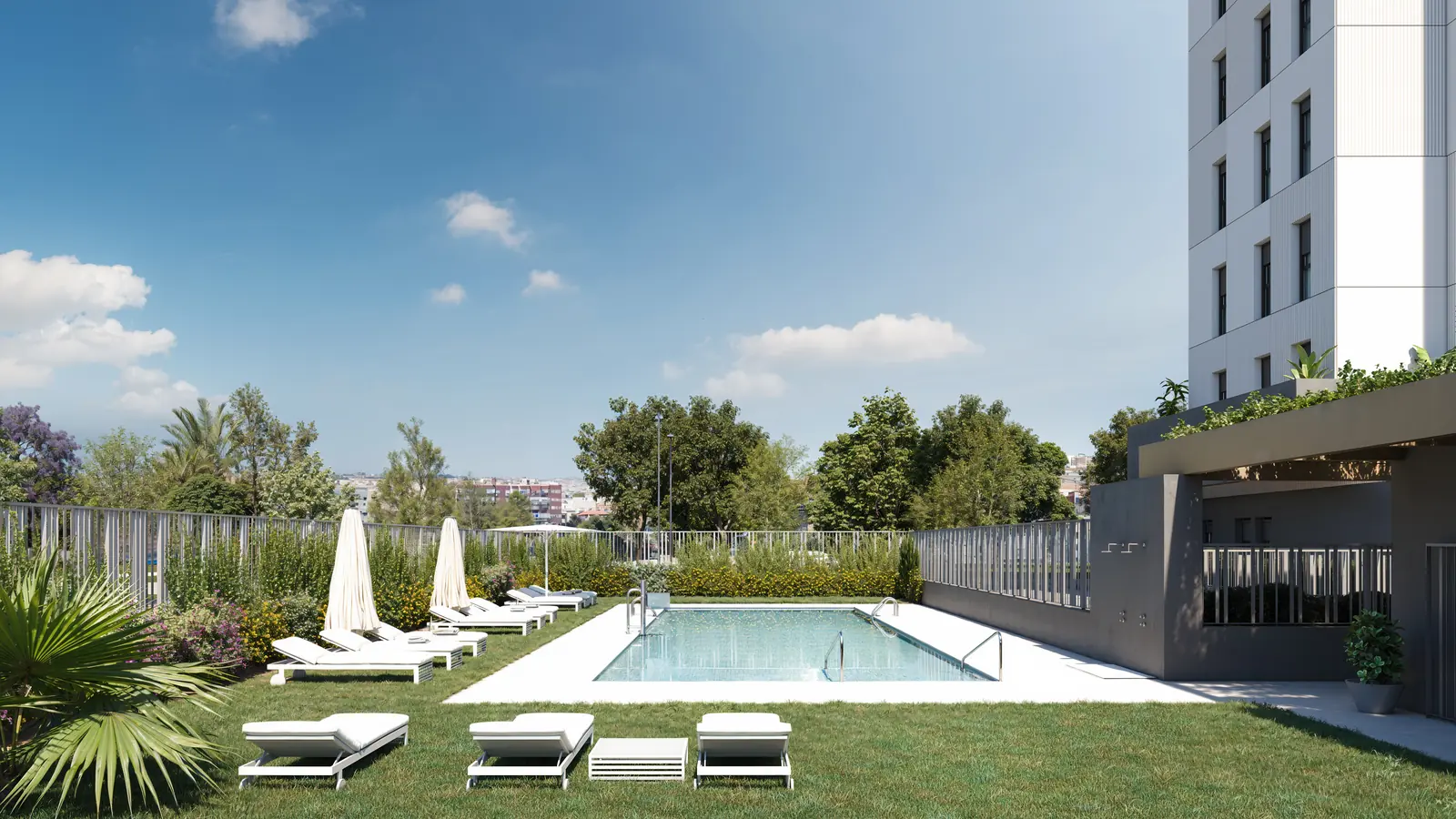 Infografía 3D de piscina comunitaria y jardín de Torrenova, promoción residencial en el entorno de la Cruzcampo, Sevilla (ele2f)