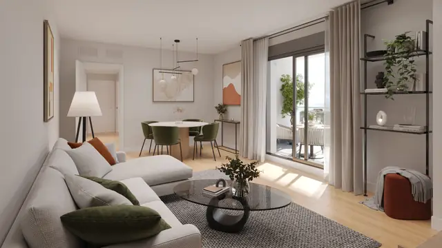 Infografía 3D de salón comedor de Torrenova, promoción residencial en el entorno de la Cruzcampo, Sevilla (ele2f)