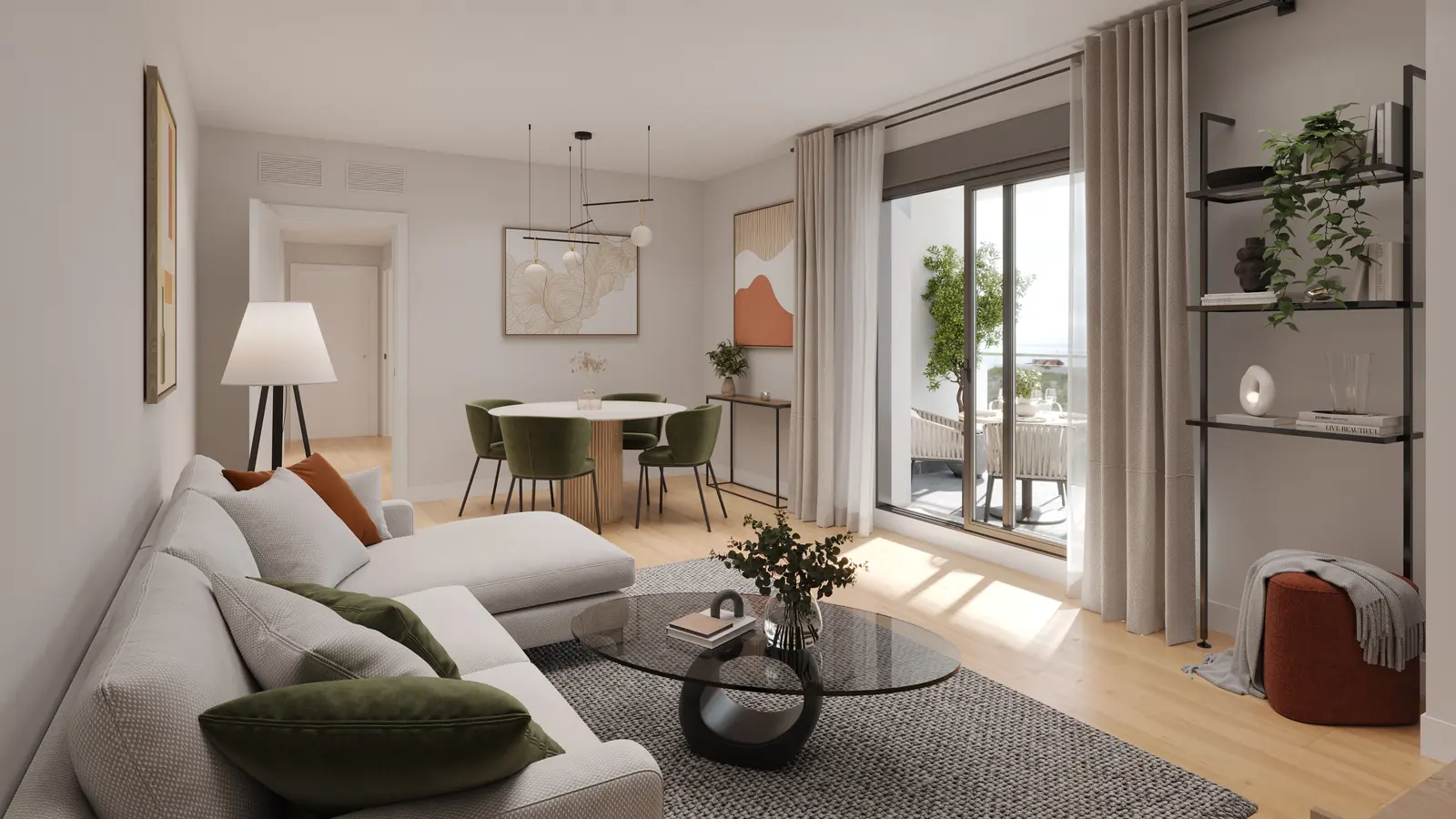 Infografía 3D de salón comedor de Torrenova, promoción residencial en el entorno de la Cruzcampo, Sevilla (ele2f)