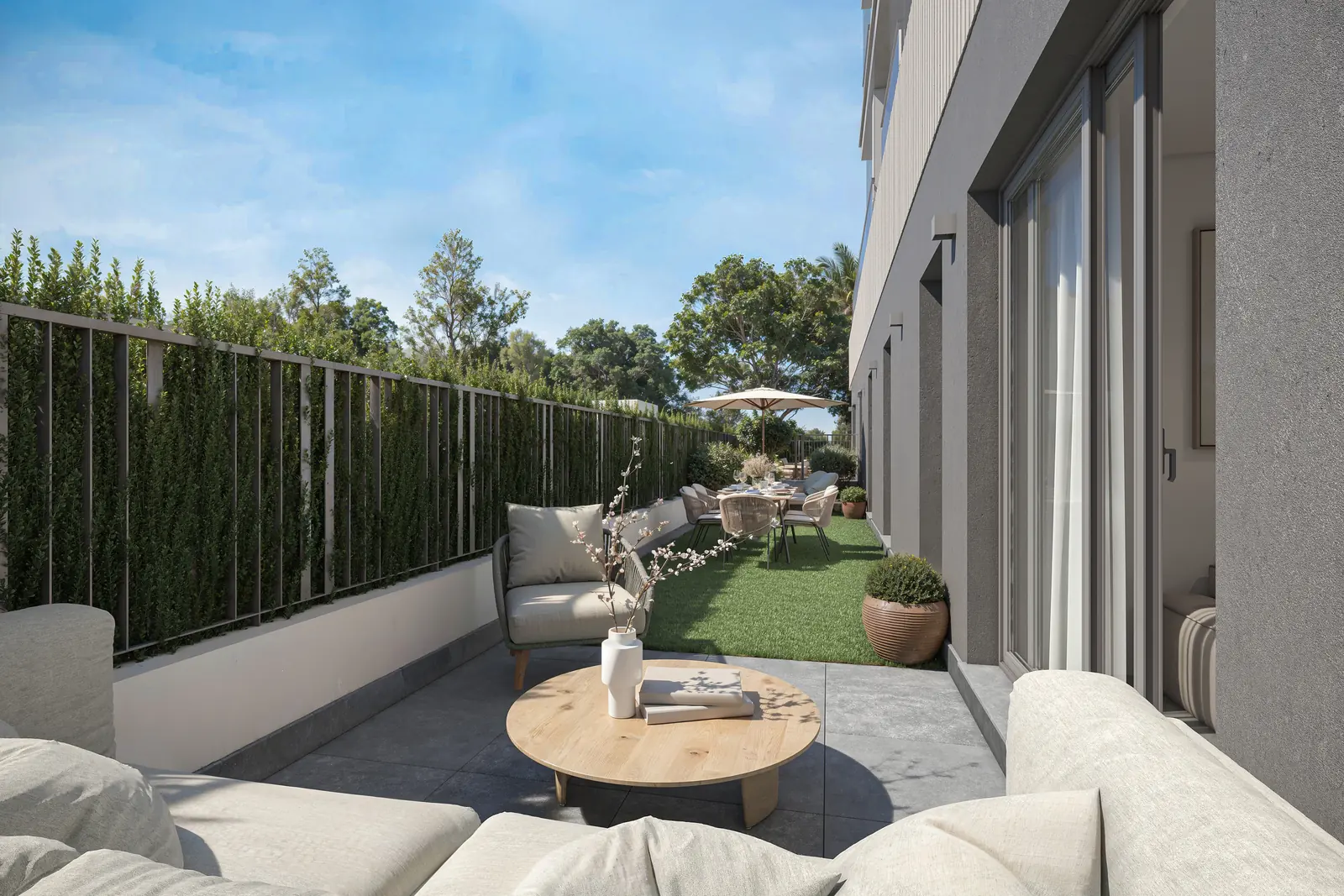 Infografía 3D de terraza y jardín de una vivienda en planta baja de Torrenova, promoción residencial en el entorno de la Cruzcampo, Sevilla (ele2f)