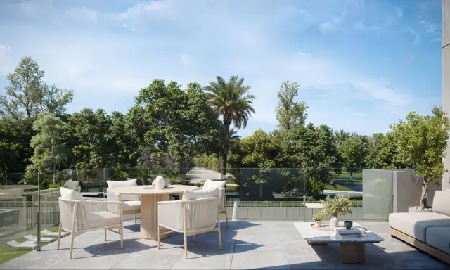 Infografía 3D de terraza con vistas al parque de Torrenova, promoción residencial en el entorno de la Cruzcampo, Sevilla (ele2f)