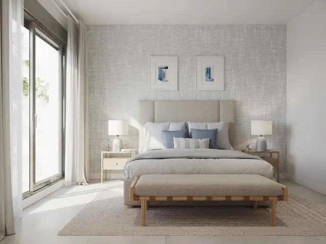 Infografía 3D de dormitorio principal de Vanian Garden, promoción residencial en Estepona (Málaga) (González & Jacobson Arquitectura)