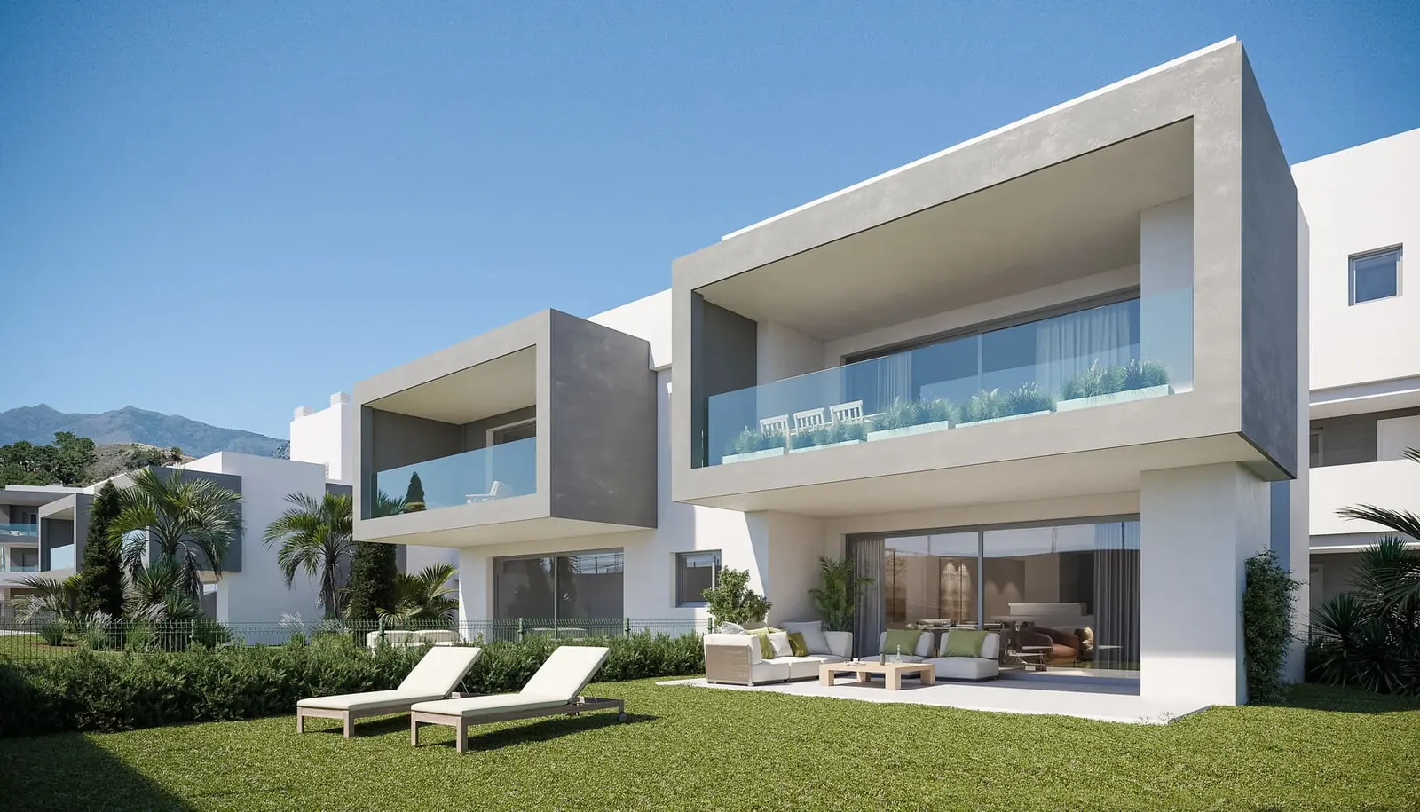 Infografía 3D de fachada con jardín privado de Vanian Garden, promoción residencial en Estepona (Málaga) (González & Jacobson Arquitectura)