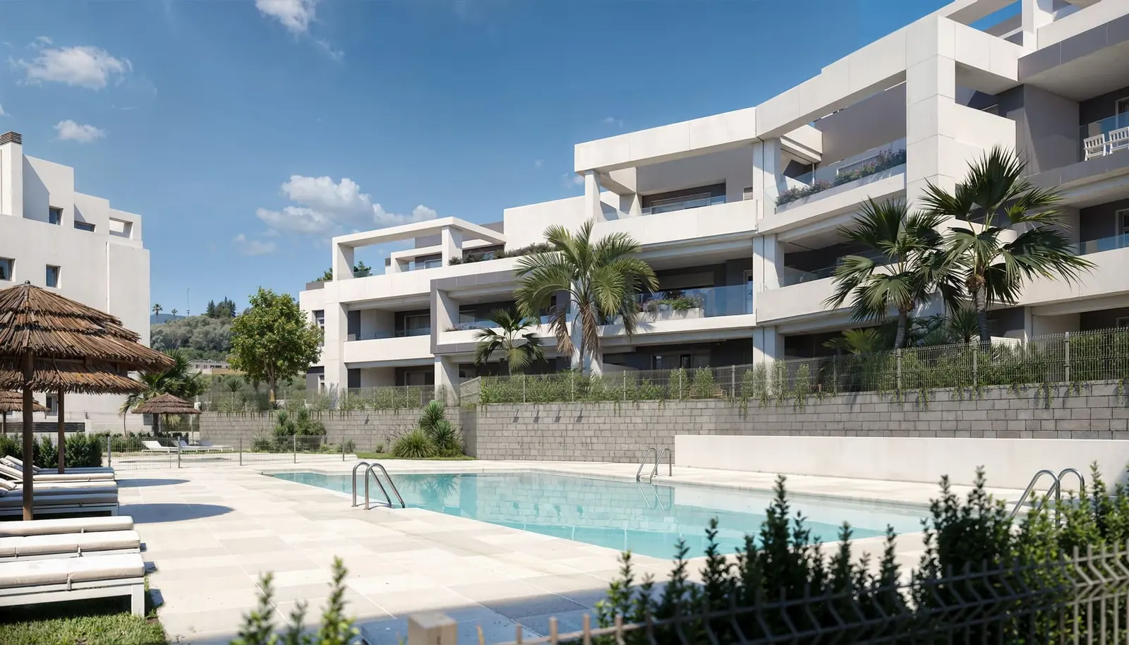 Infografía 3D de piscina comunitaria de Vanian Garden, promoción residencial en Estepona (Málaga) (González & Jacobson Arquitectura)