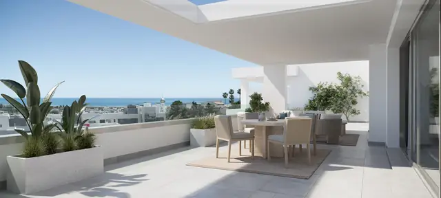 Infografía 3D de terraza de ático con vistas al mar de Vanian Garden, promoción residencial en Estepona (Málaga) (González & Jacobson Arquitectura)