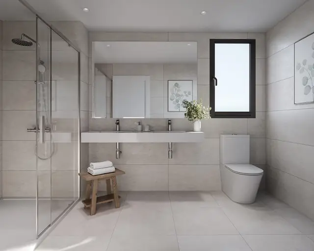 Infografía 3D de baño de Vanian Park, promoción residencial en Estepona, Málaga (HCP Arquitectos)