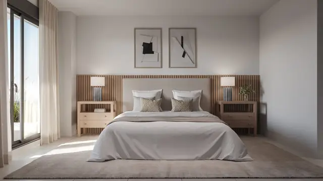 Infografía 3D de dormitorio principal de Vanian Park, promoción residencial en Estepona, Málaga (HCP Arquitectos)