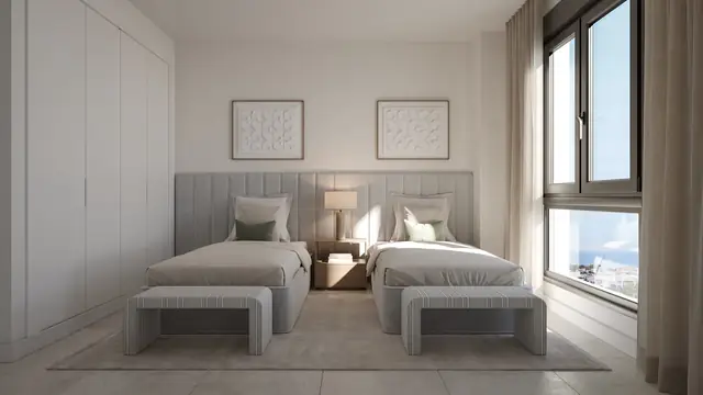 Infografía 3D de dormitorio secundario de Vanian Park, promoción residencial en Estepona, Málaga (HCP Arquitectos)