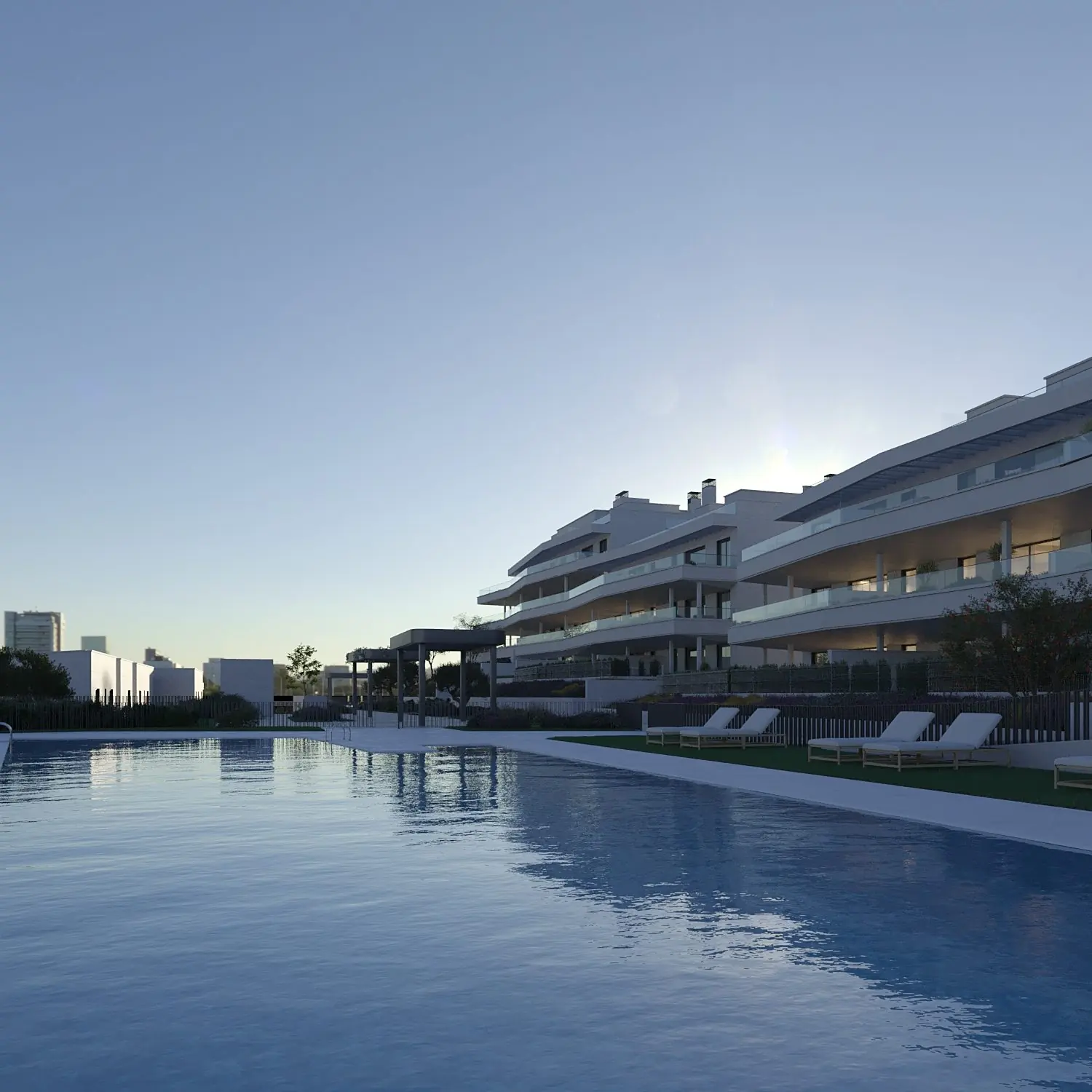 Infografía 3D de piscina comunitaria al atardecer de Vanian Park, promoción residencial en Estepona, Málaga (HCP Arquitectos)
