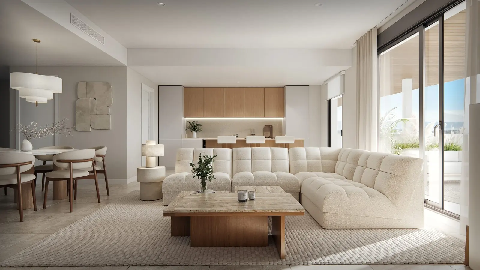 Infografía 3D de salón y comedor de Vanian Park, promoción residencial en Estepona, Málaga (HCP Arquitectos)
