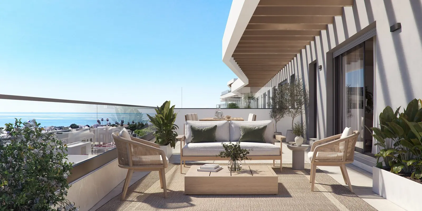 Infografía 3D de terraza de planta segunda con vistas al mar de Vanian Park, promoción residencial en Estepona, Málaga (HCP Arquitectos)
