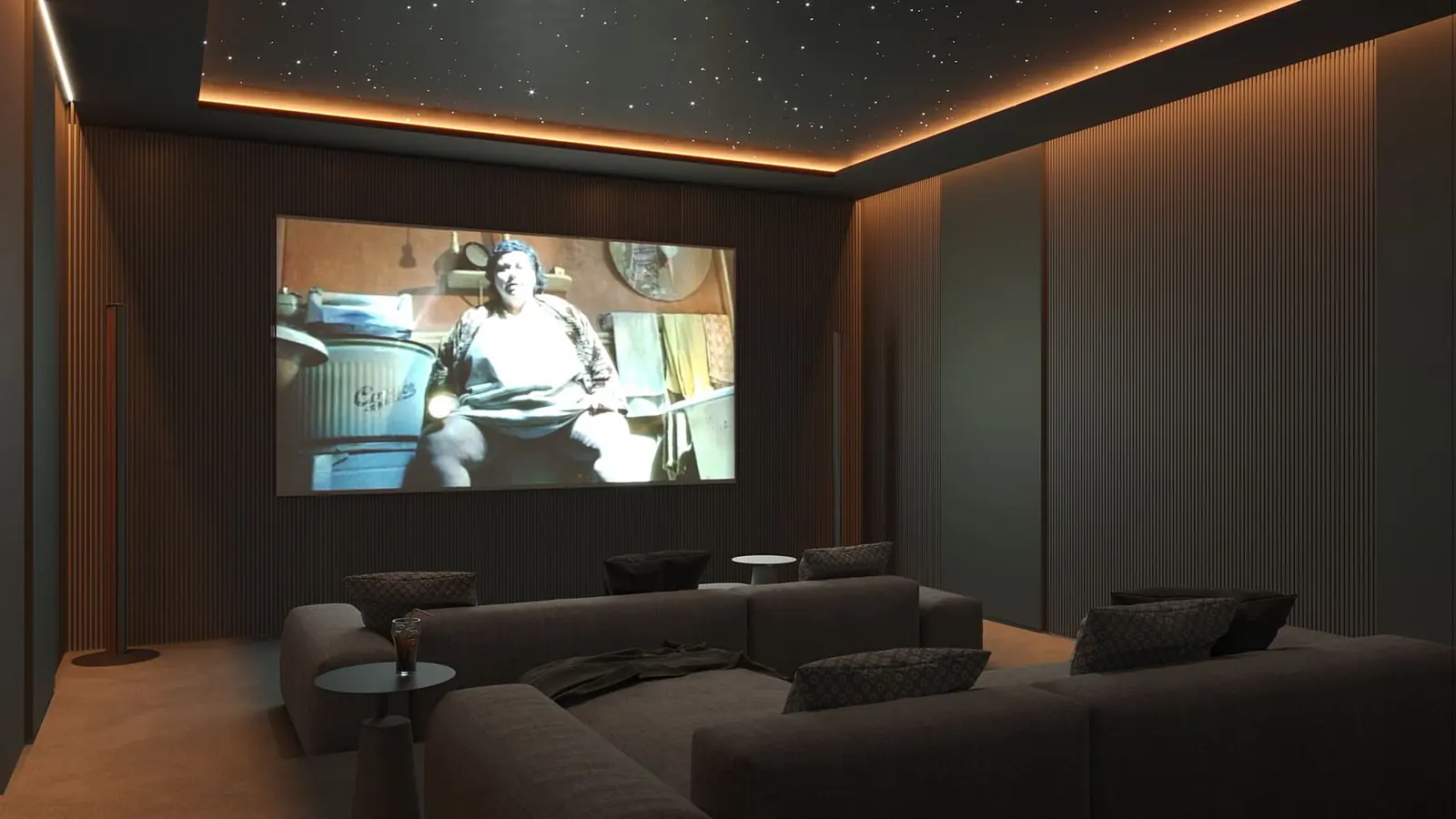 Infografía 3D de sala de cine con proyección de Villa en Benahavís, vivienda unifamiliar en Benahavís (Málaga) (Domingo Cárdenas)