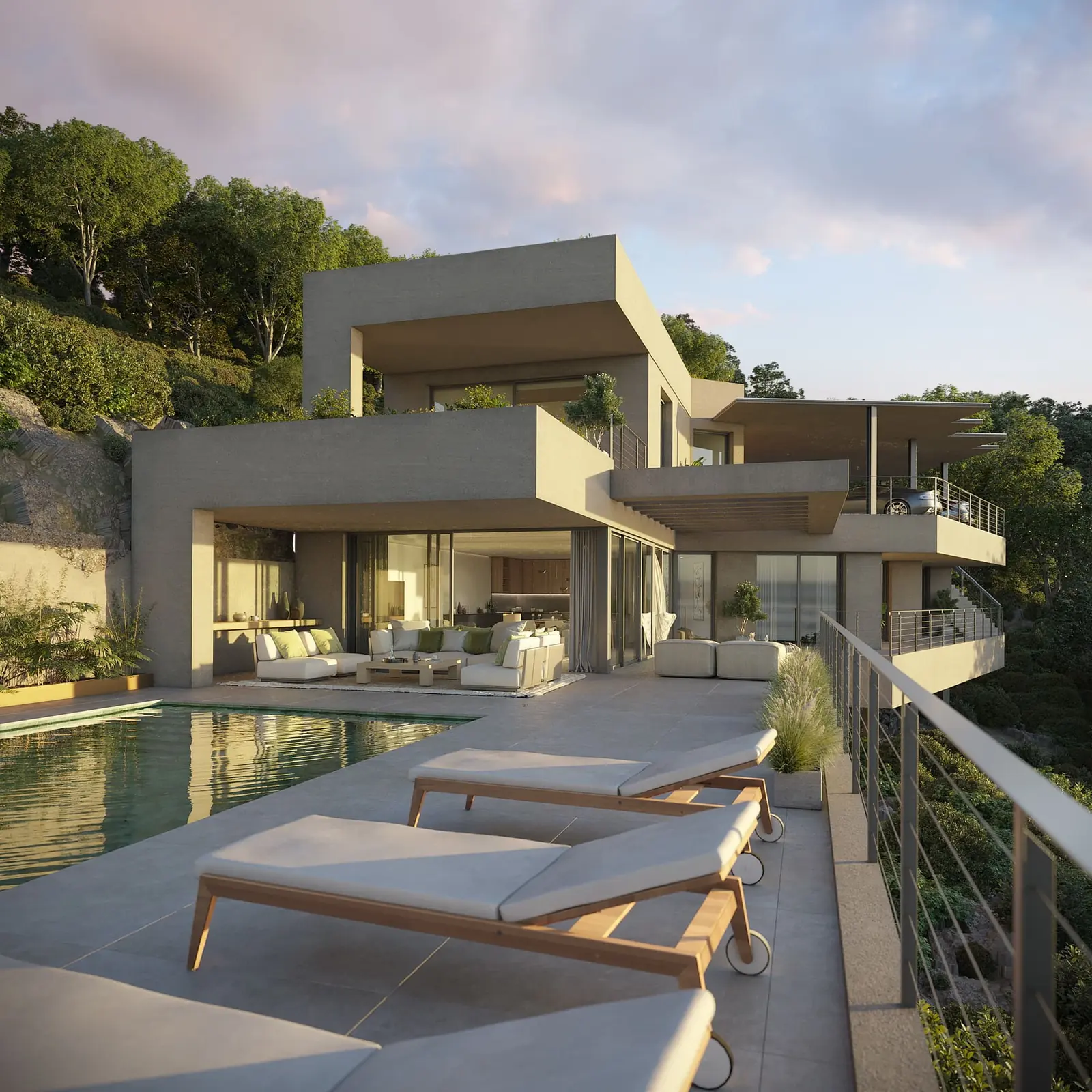 Infografía 3D de terraza al atardecer de Villa en Benahavís, vivienda unifamiliar en Benahavís (Málaga) (Domingo Cárdenas)