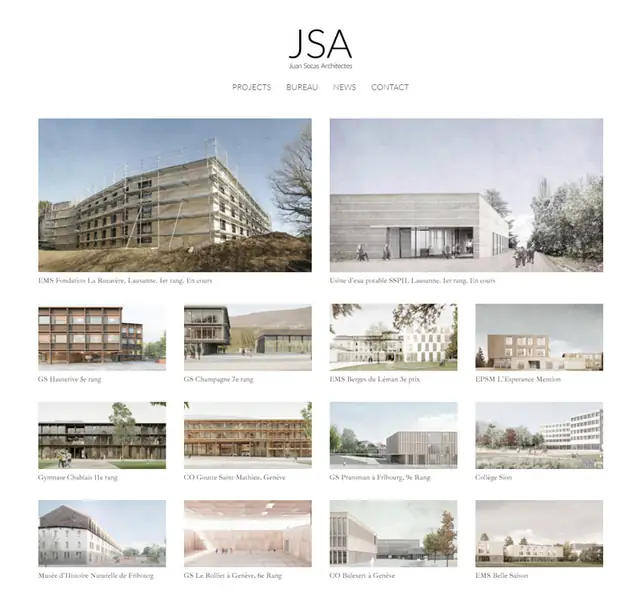 Diseño web a medida en WordPress para Juan Socas Architectes realizado por Nacho Villegas: rejilla de proyectos y concursos